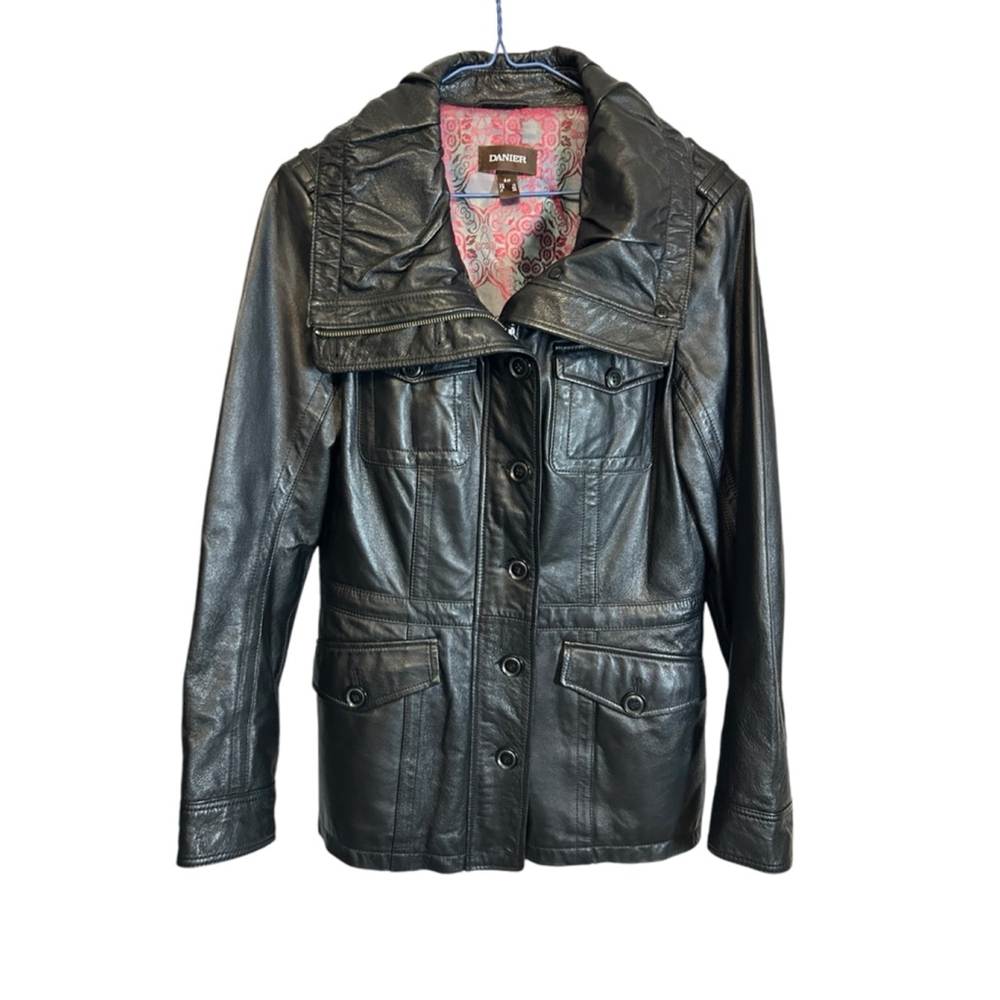 DANIER Woman’s Black Leather Jacket with Red Tapestry, Size Small